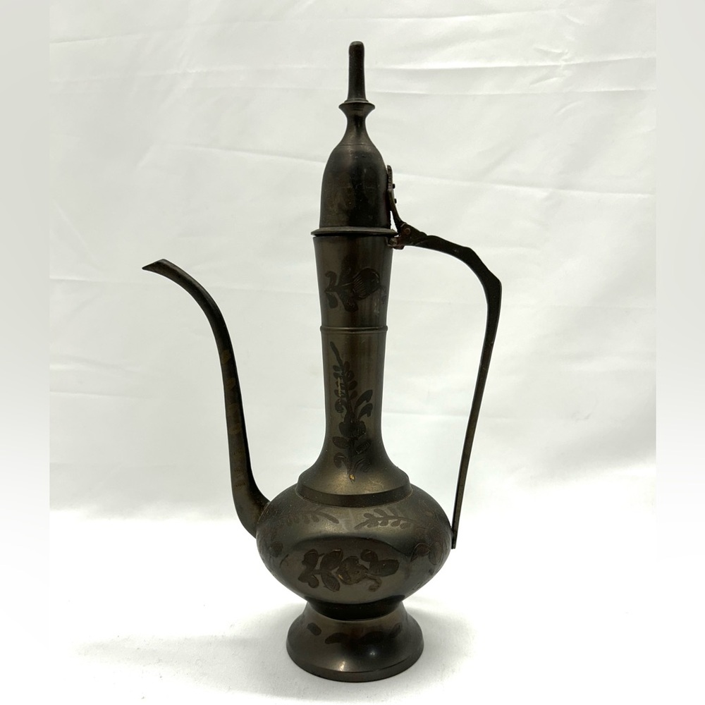 Vintage Brass Middle Eastern Coffee Pot Made in India Floral Print Antique